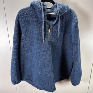 LOFT Blue Sherpa‎ Hoodie Womens Size L Gold Zipper Long Sleeve Comfy Pullover